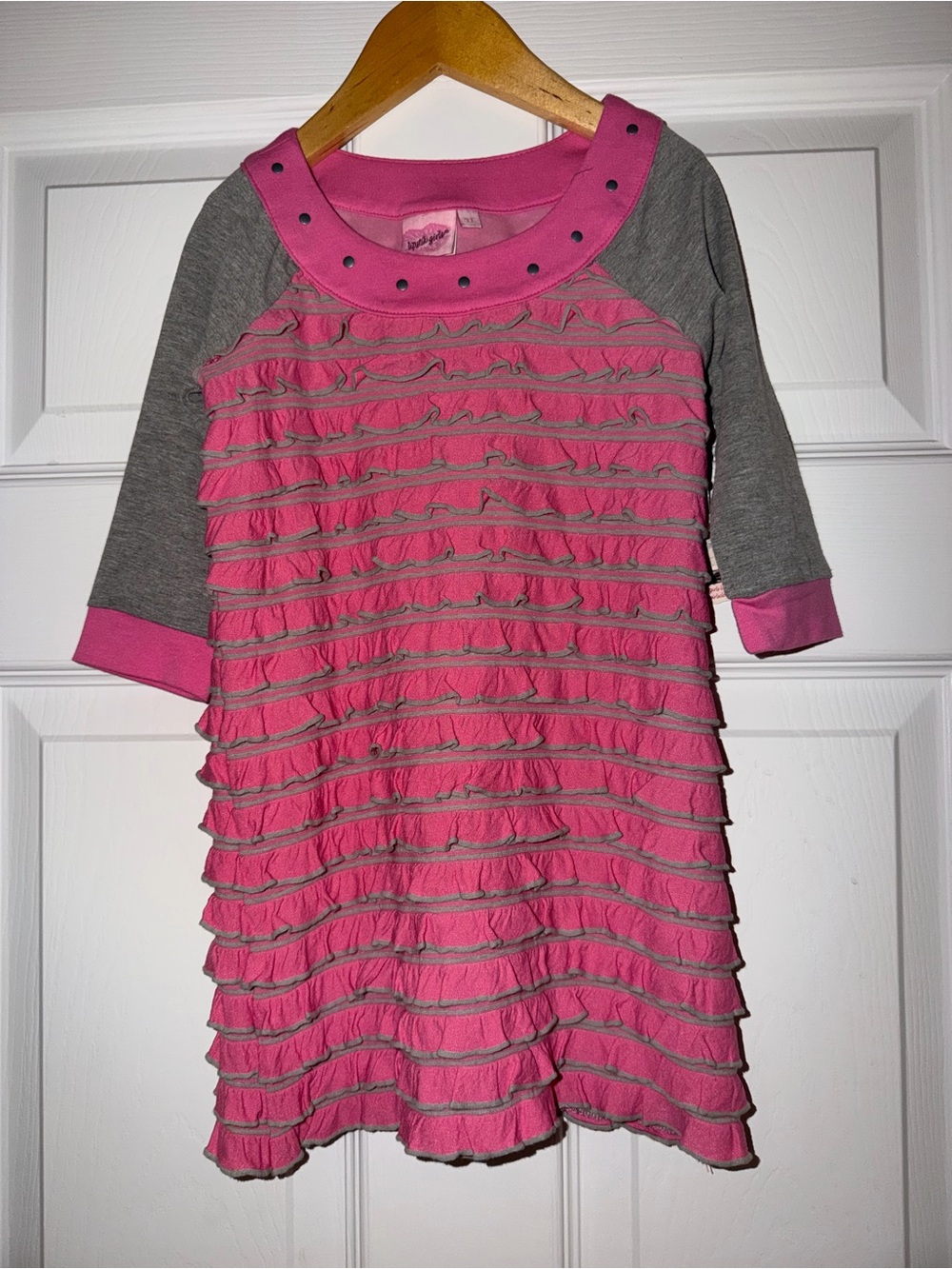 NWT Lipstik Girls Hot Pink Gray Ruffle Dress Studded Neckline 3T Y2K Boutique